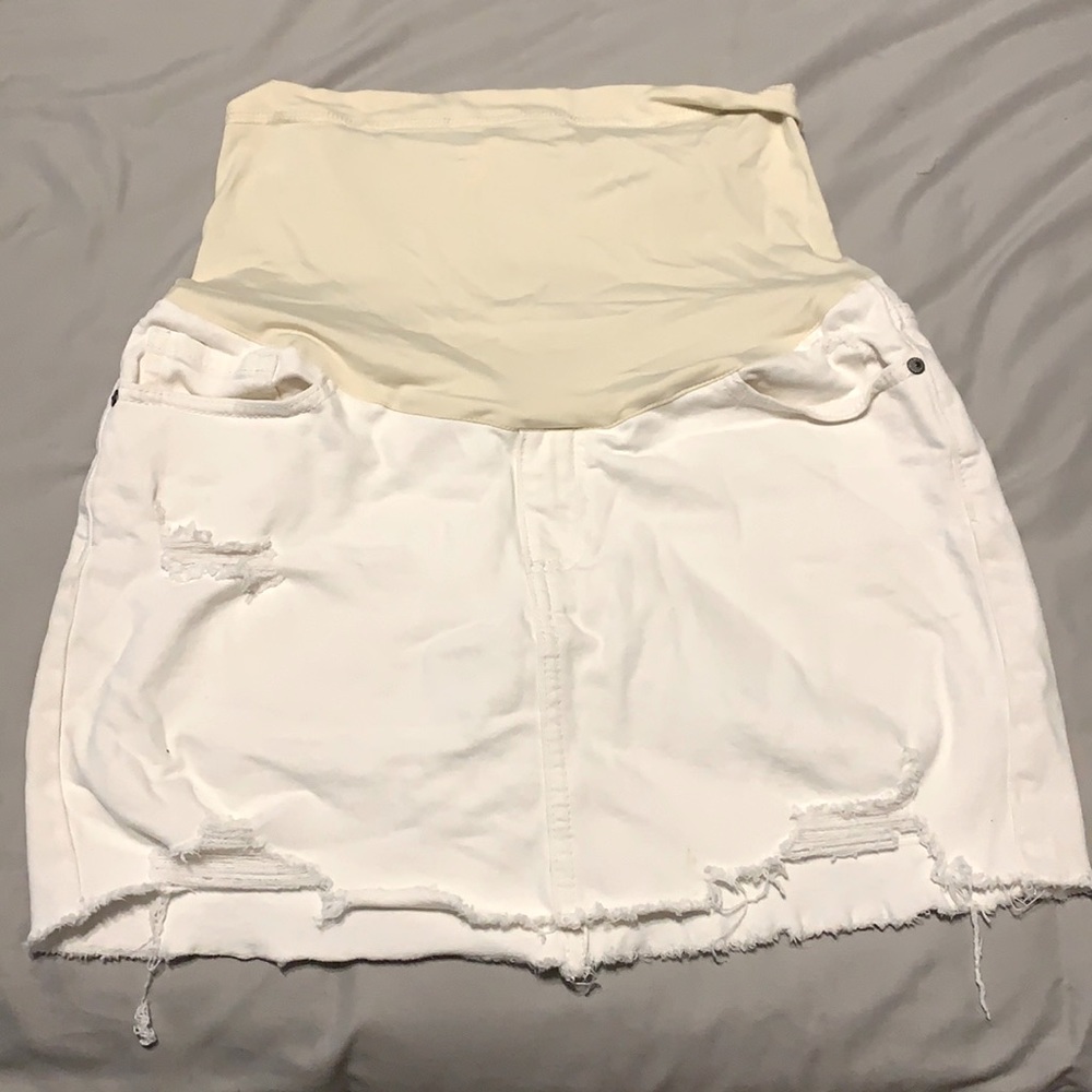 White distressed jean maternity skirt